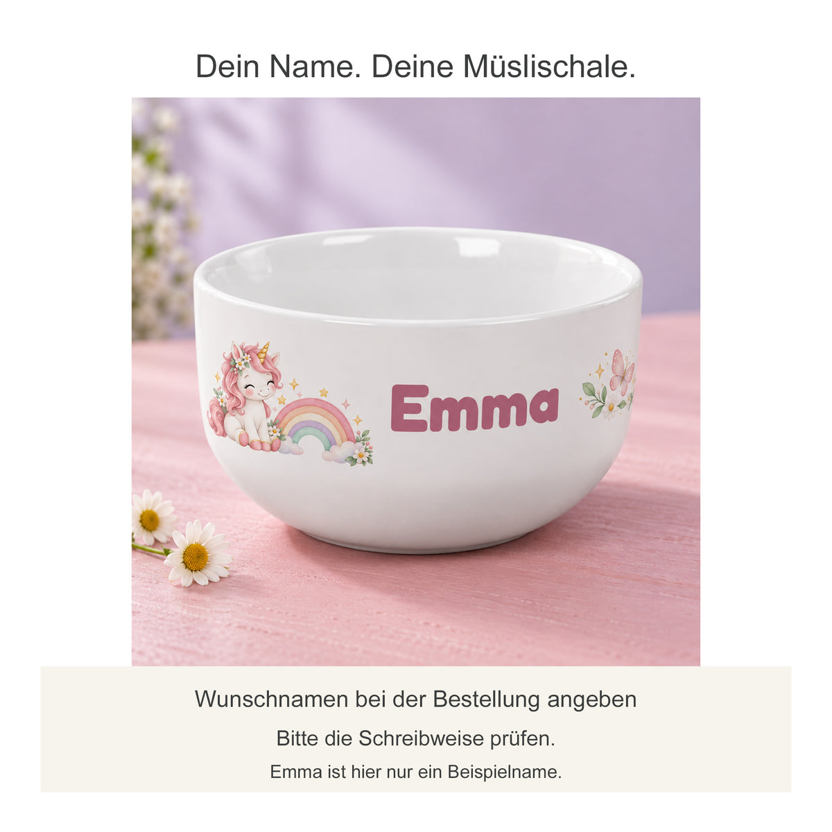 Personalisierte Müslischale Einhorn mit Hinweis zum Wunschnamen
