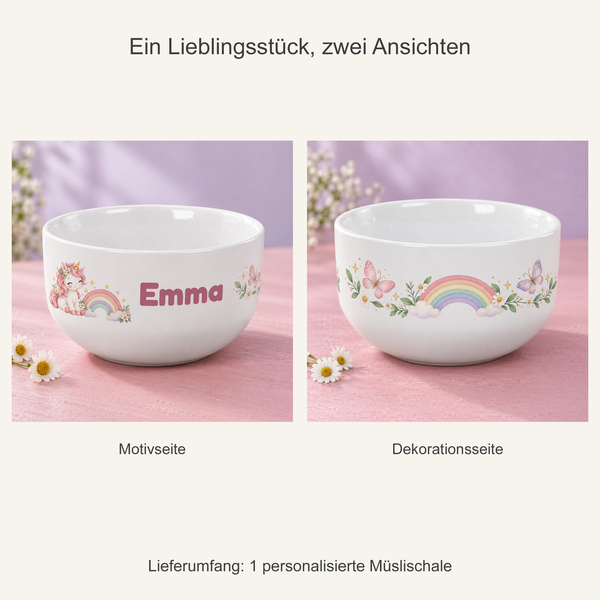 Zwei Ansichten einer einzelnen Müslischale mit Einhorn-Motiv