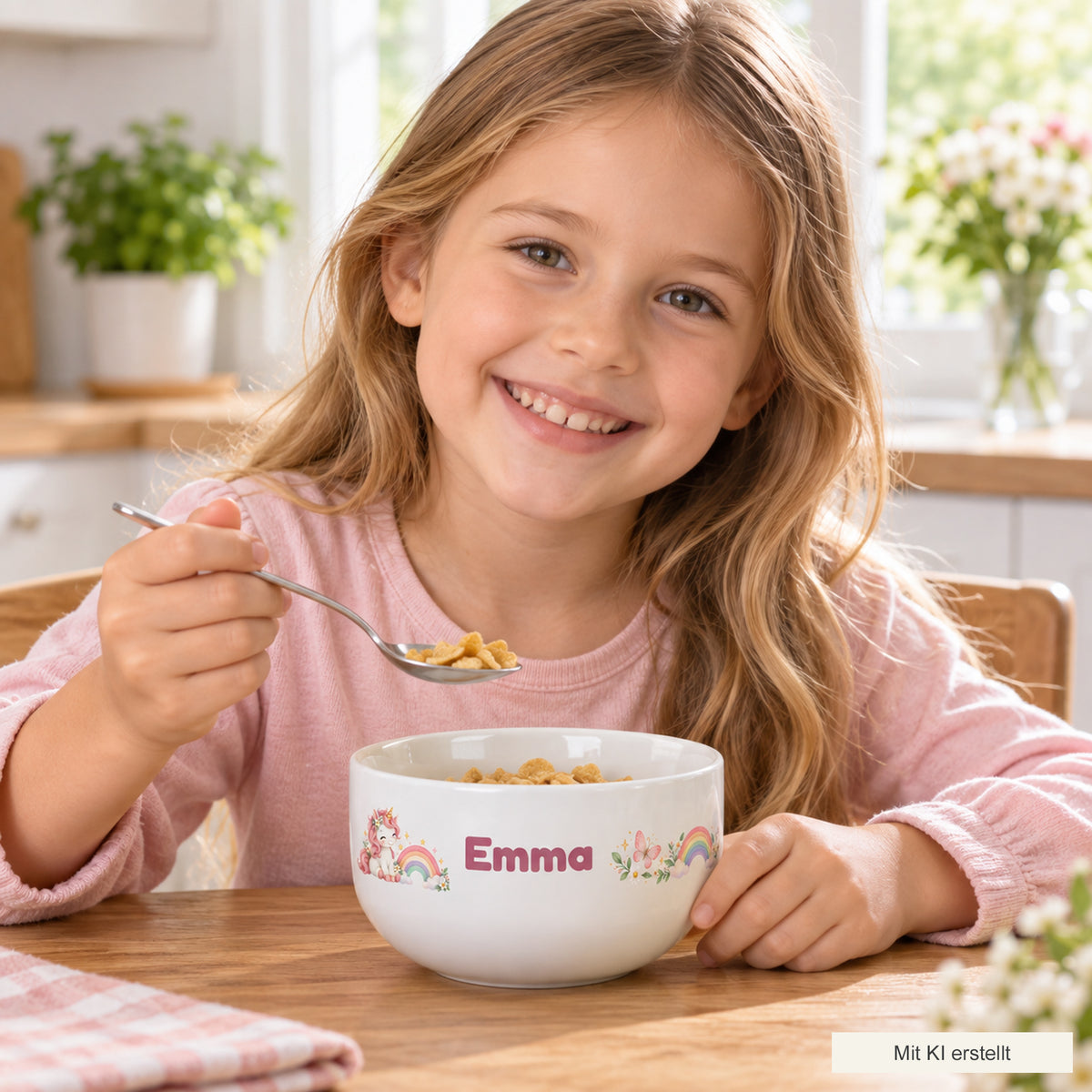 Kind beim Frühstück mit der personalisierten Müslischale Einhorn, mit KI erstellt