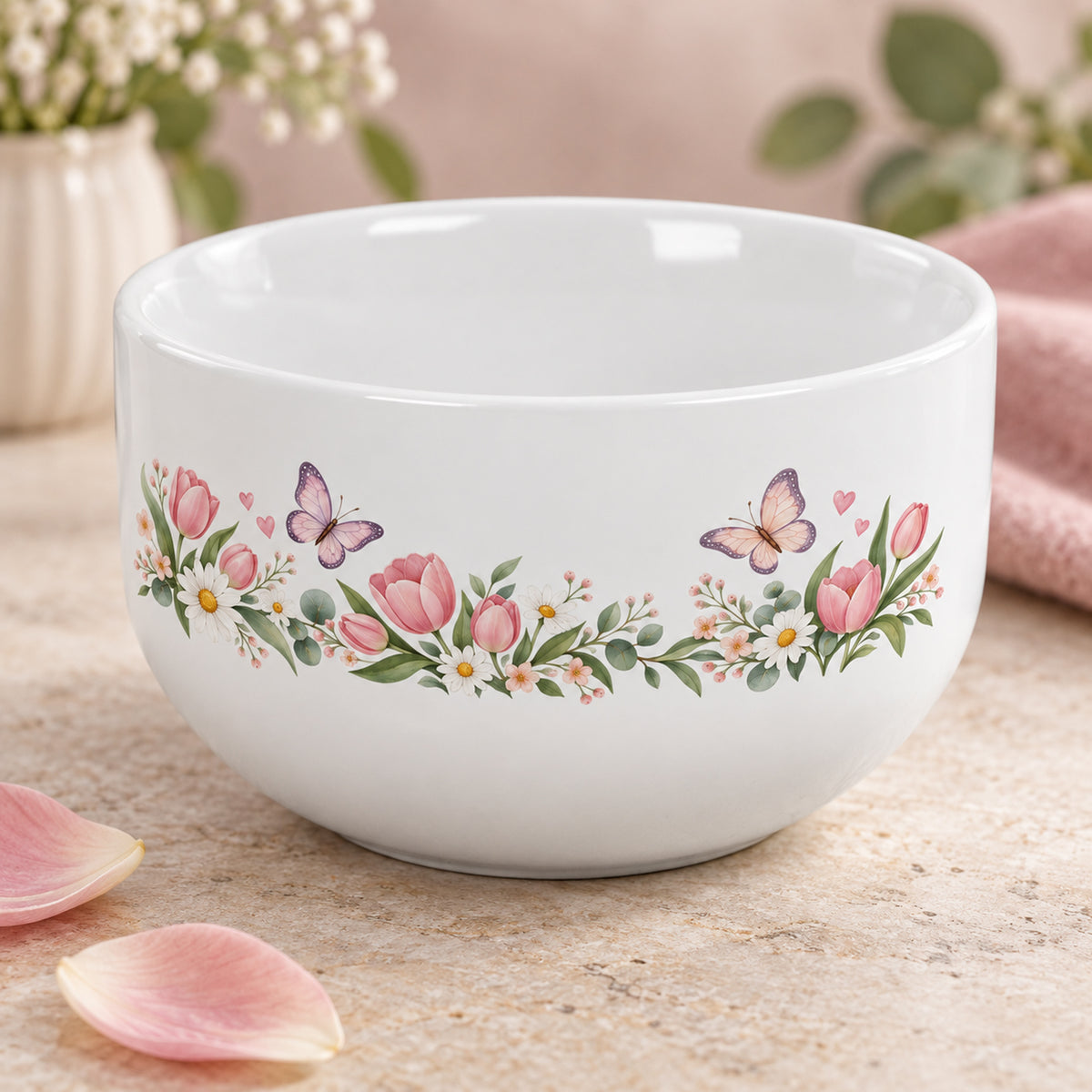 Bedruckte Dekorationsseite der Müslischale Blumenhäschen