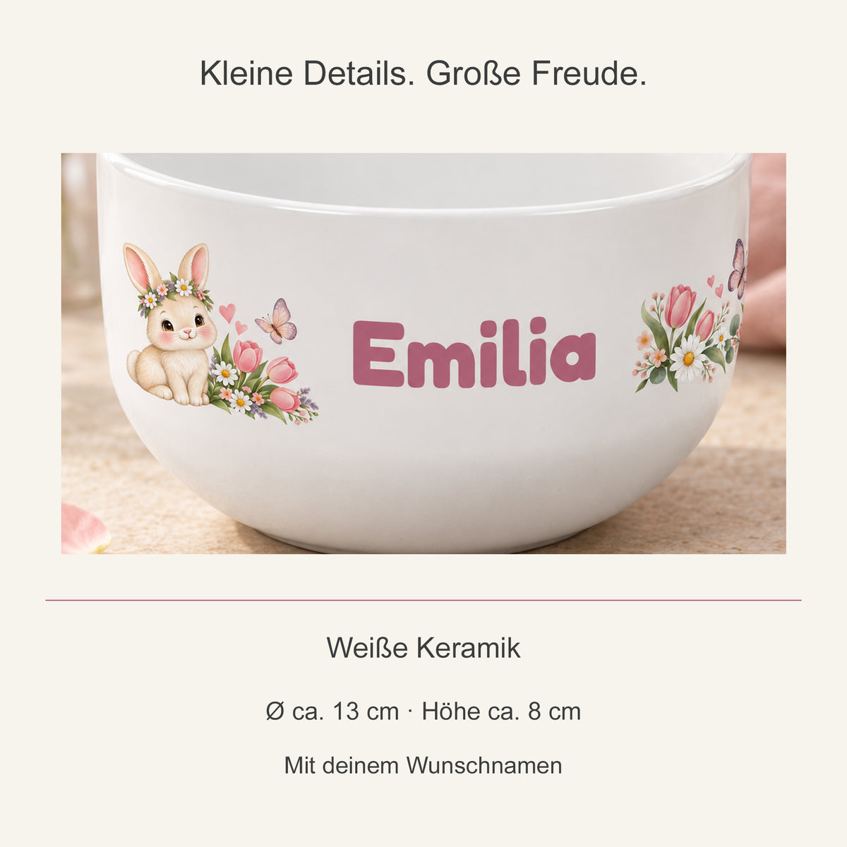 Motivdetail der Keramikschale und Angaben zu Größe und Personalisierung