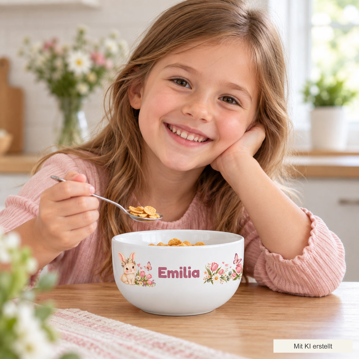 Kind beim Frühstück mit der personalisierten Müslischale Blumenhäschen, mit KI erstellt