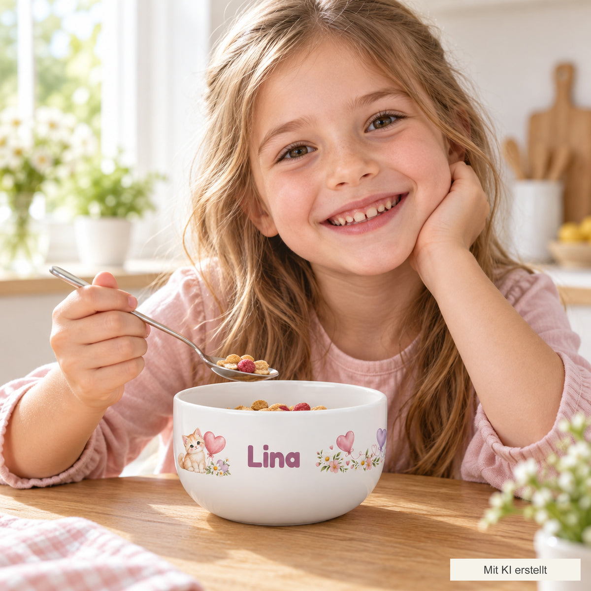 Kind beim Frühstück mit der personalisierten Müslischale Kätzchen mit Herzballon, mit KI erstellt