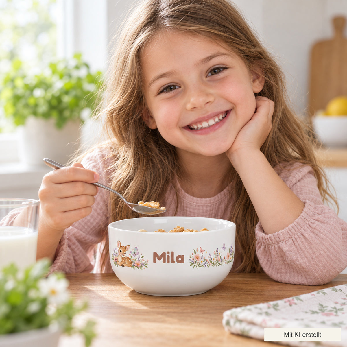 Kind beim Frühstück mit der personalisierten Müslischale Rehkitz, mit KI erstellt
