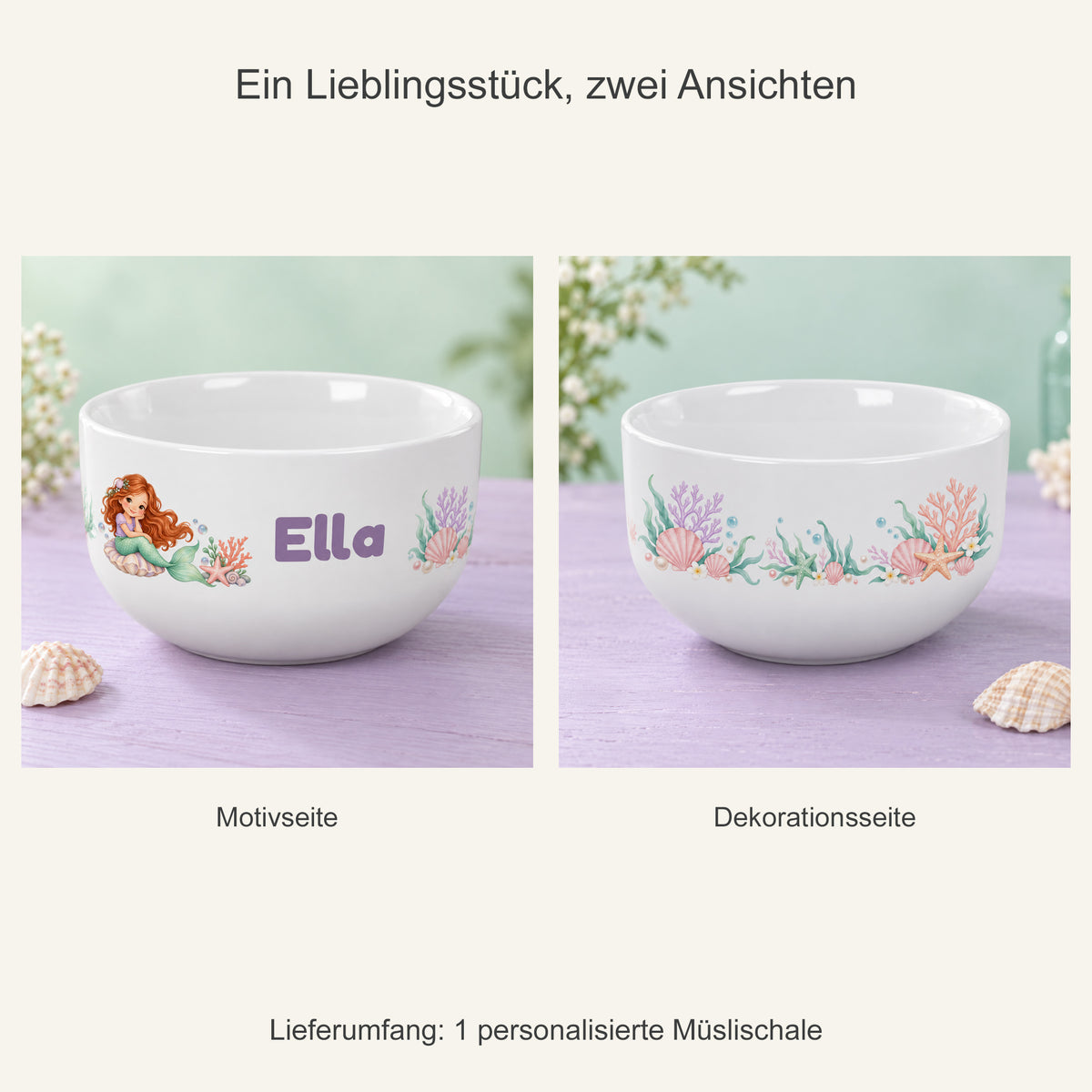 Zwei Ansichten einer einzelnen Müslischale mit Meerjungfrau-Motiv