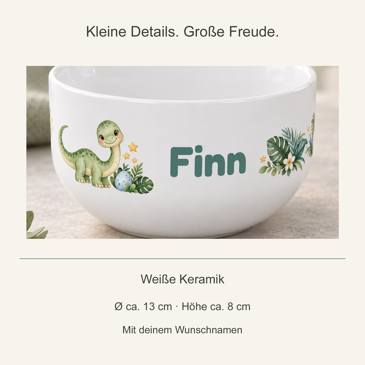 Motivdetail der Keramikschale und Angaben zu Größe und Personalisierung