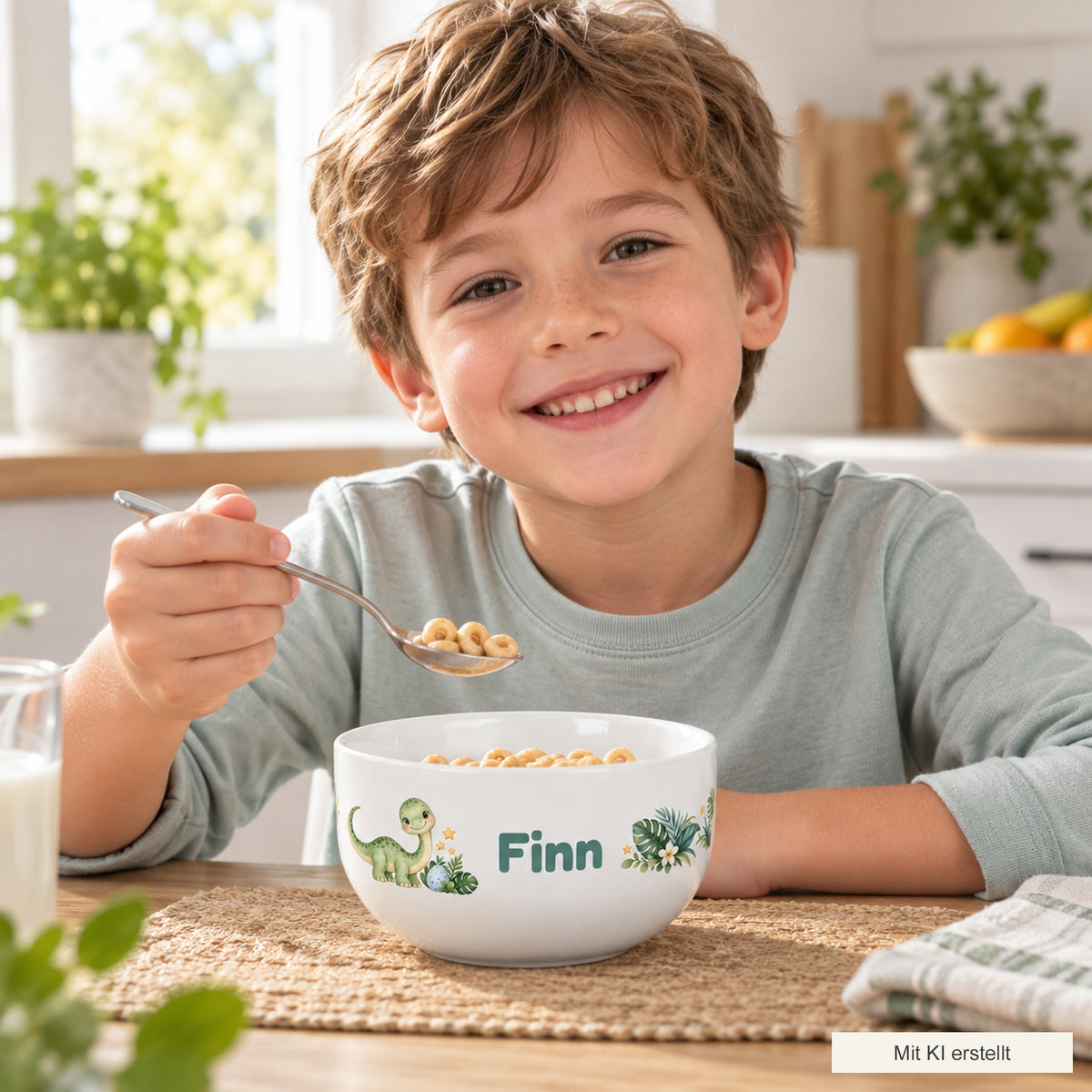 Kind beim Frühstück mit der personalisierten Müslischale Dino, mit KI erstellt