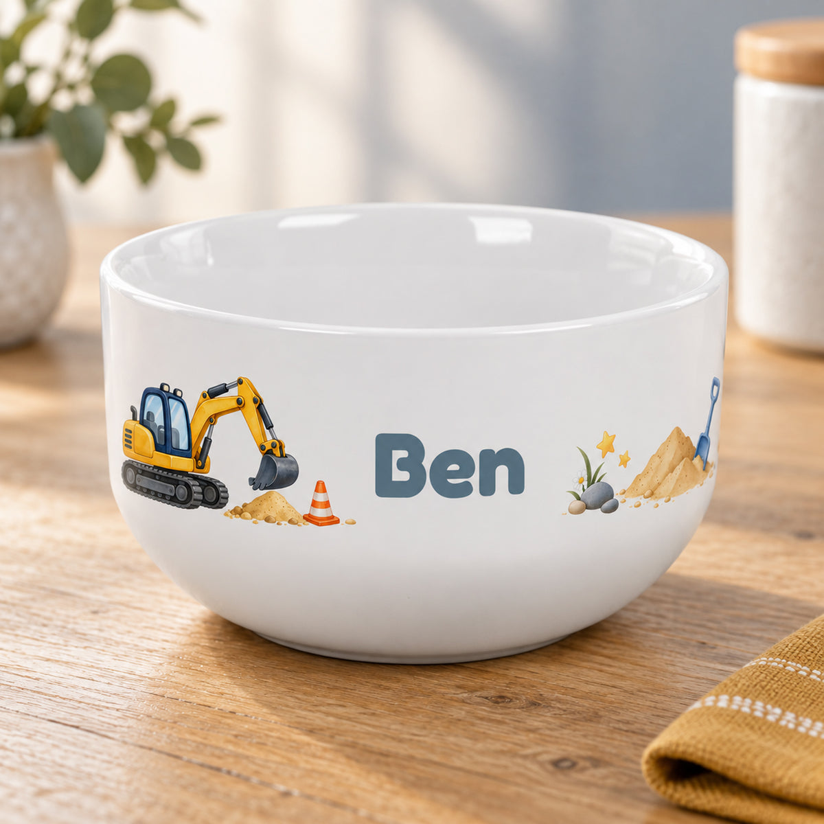 Weiße Müslischale mit Bagger-Motiv und Beispielname Ben
