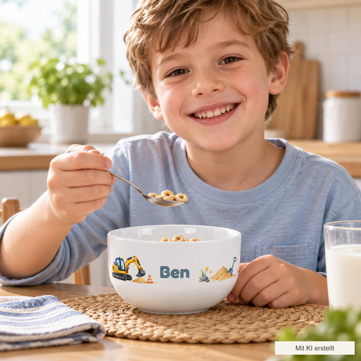 Kind beim Frühstück mit der personalisierten Müslischale Bagger, mit KI erstellt