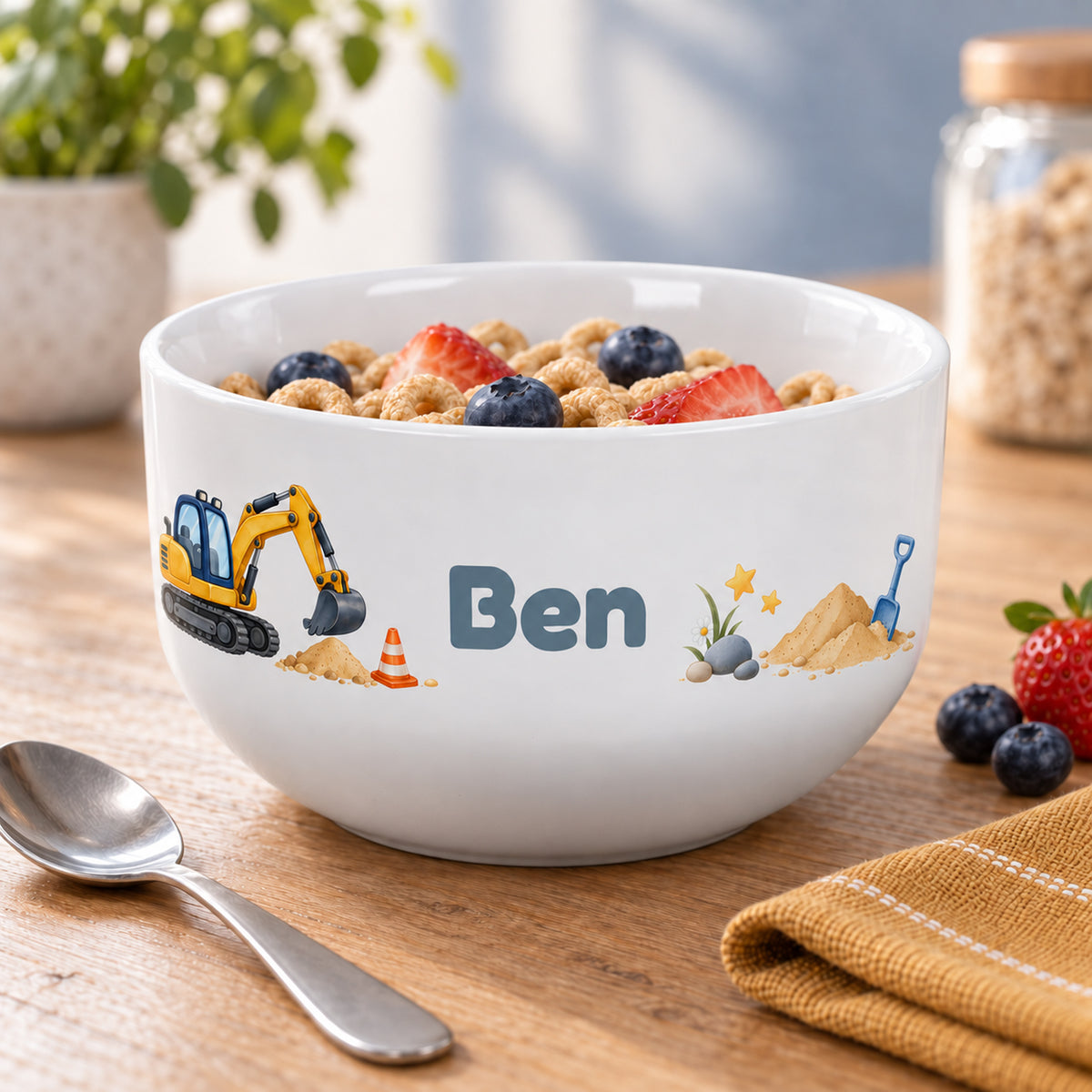 Frühstücksszene mit der Müslischale Bagger und Beispielname Ben