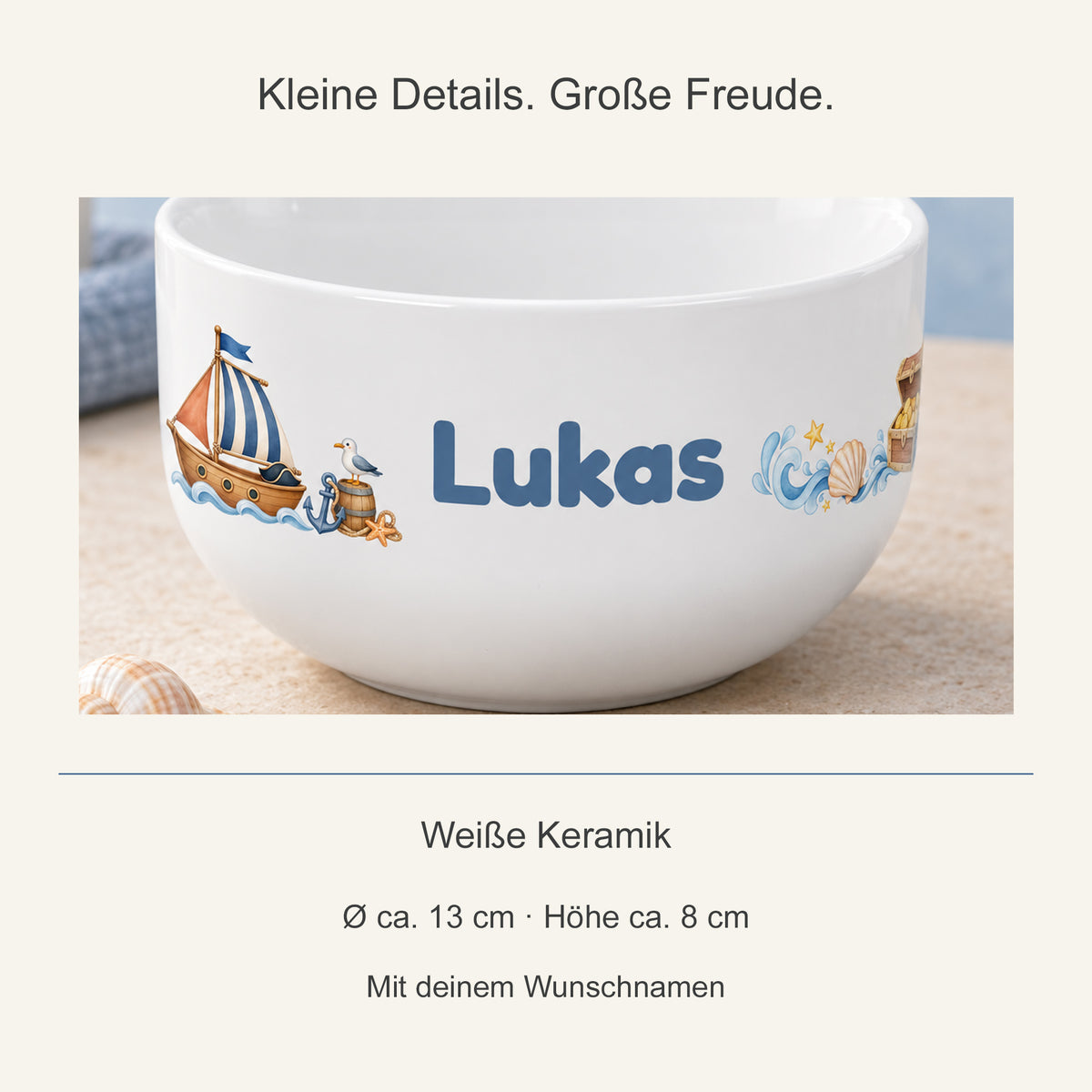 Motivdetail der Keramikschale und Angaben zu Größe und Personalisierung