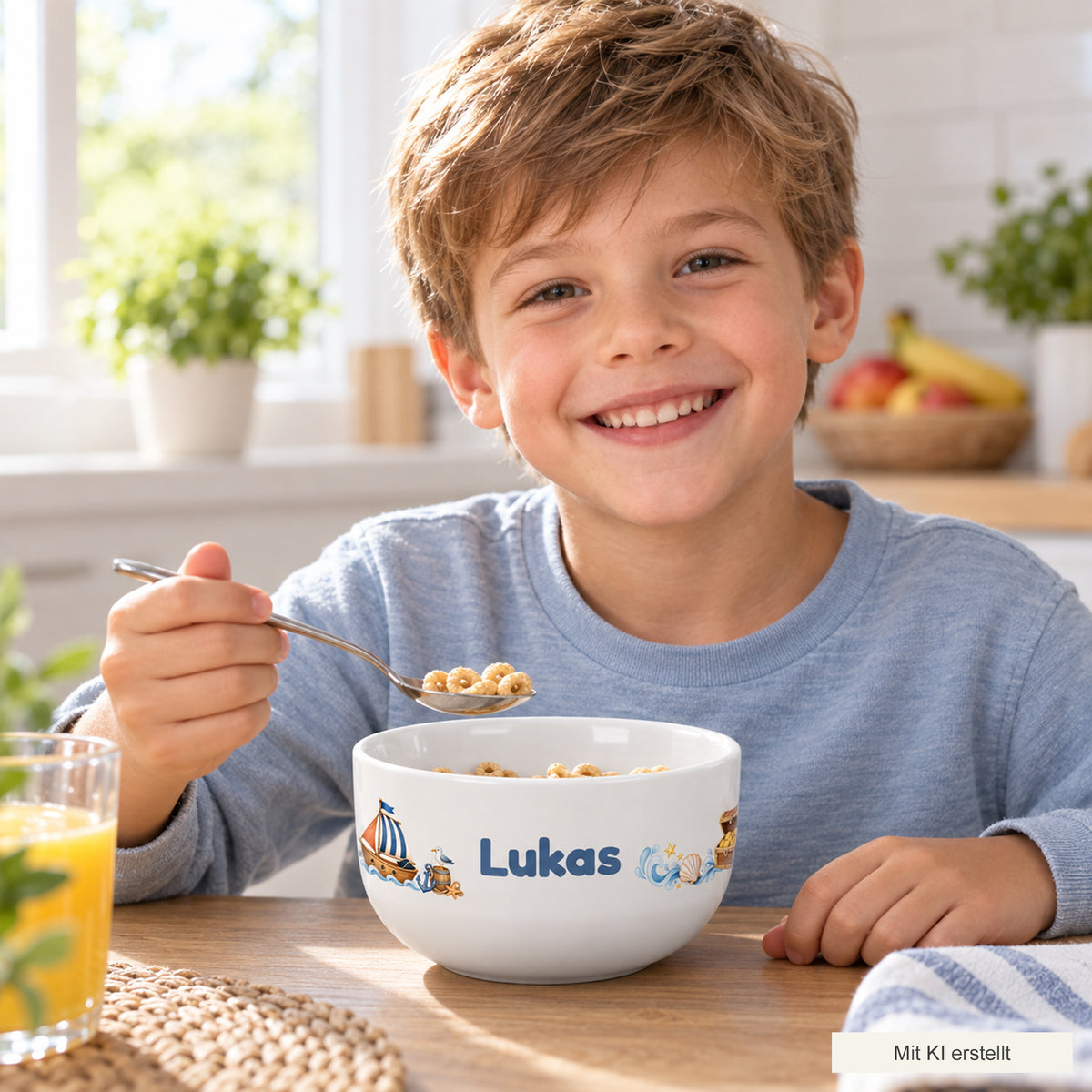 Kind beim Frühstück mit der personalisierten Müslischale Piratenboot, mit KI erstellt