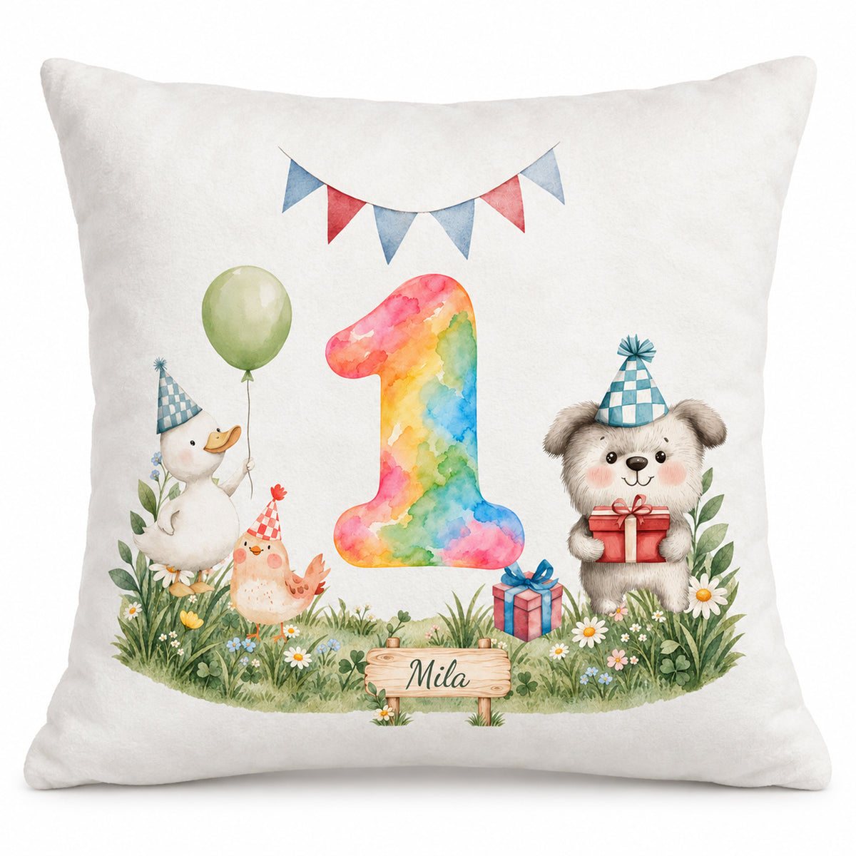 Flauschiger Kissenbezug zum 1. Geburtstag mit bunter Aquarellzahl, ente, hund und huhn und Beispielname Mila.