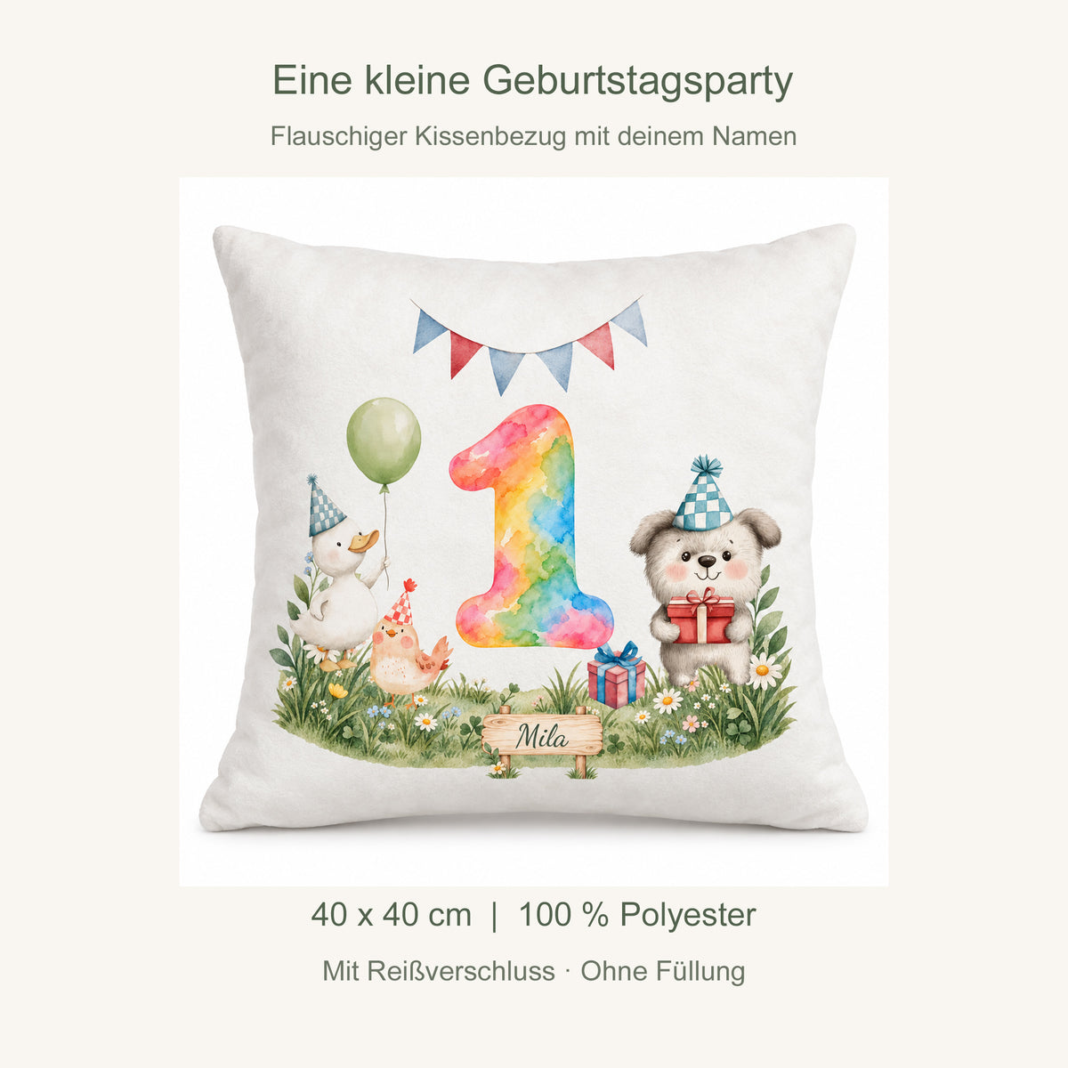 Produktdetails: Kissenbezug 40 x 40 cm, 100 % Polyester, mit Reißverschluss, ohne Füllung; Zahl 1.