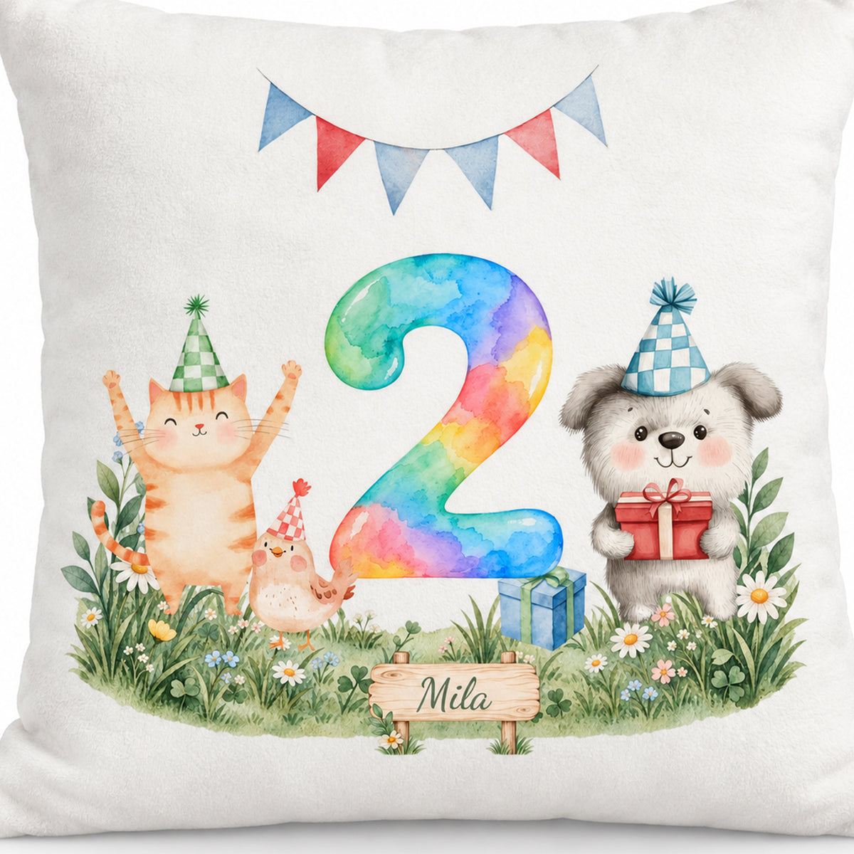 Bedruckte Vorderseite mit Aquarellzahl 2, Tierparty und Mila auf dem Wiesenschild.