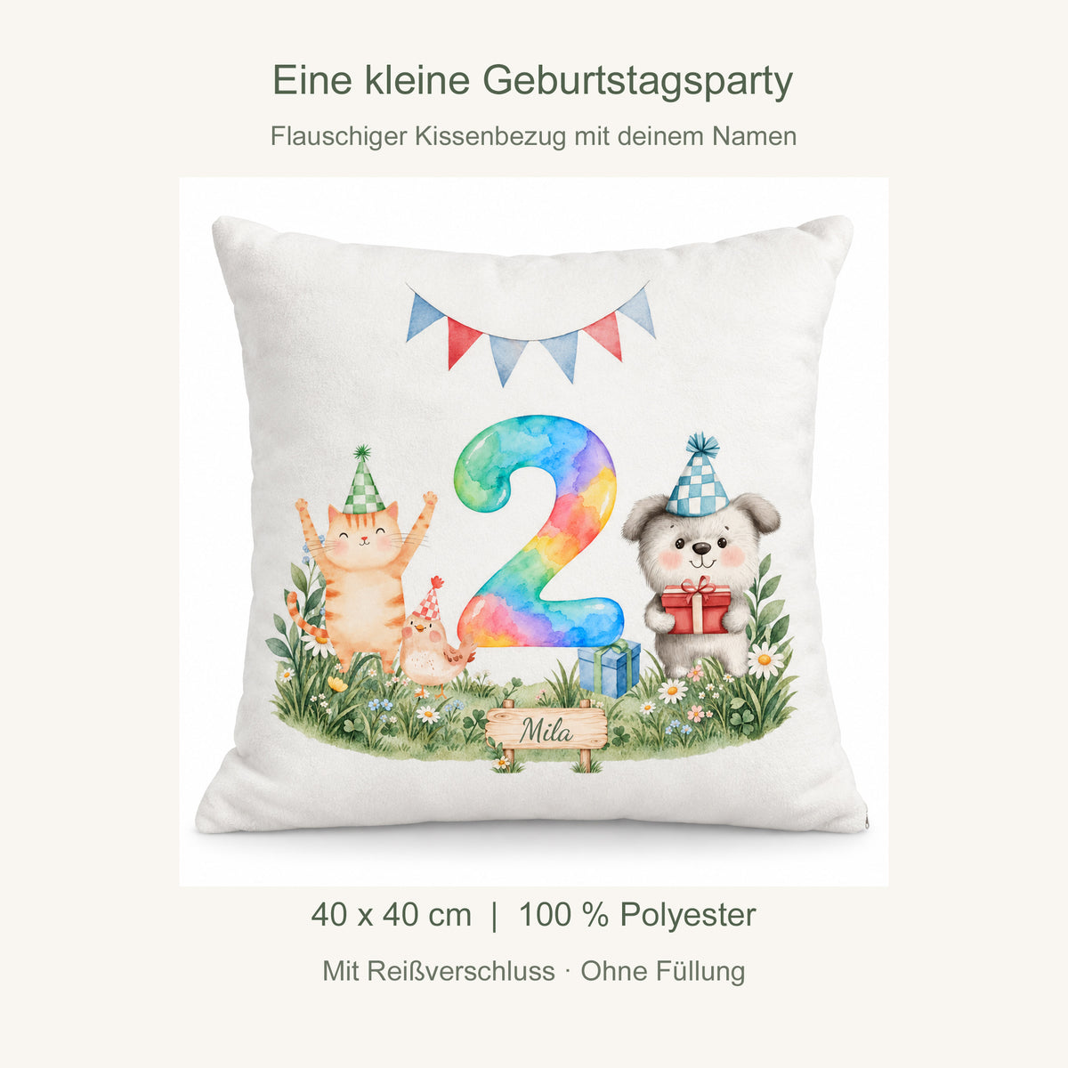 Produktdetails: Kissenbezug 40 x 40 cm, 100 % Polyester, mit Reißverschluss, ohne Füllung; Zahl 2.