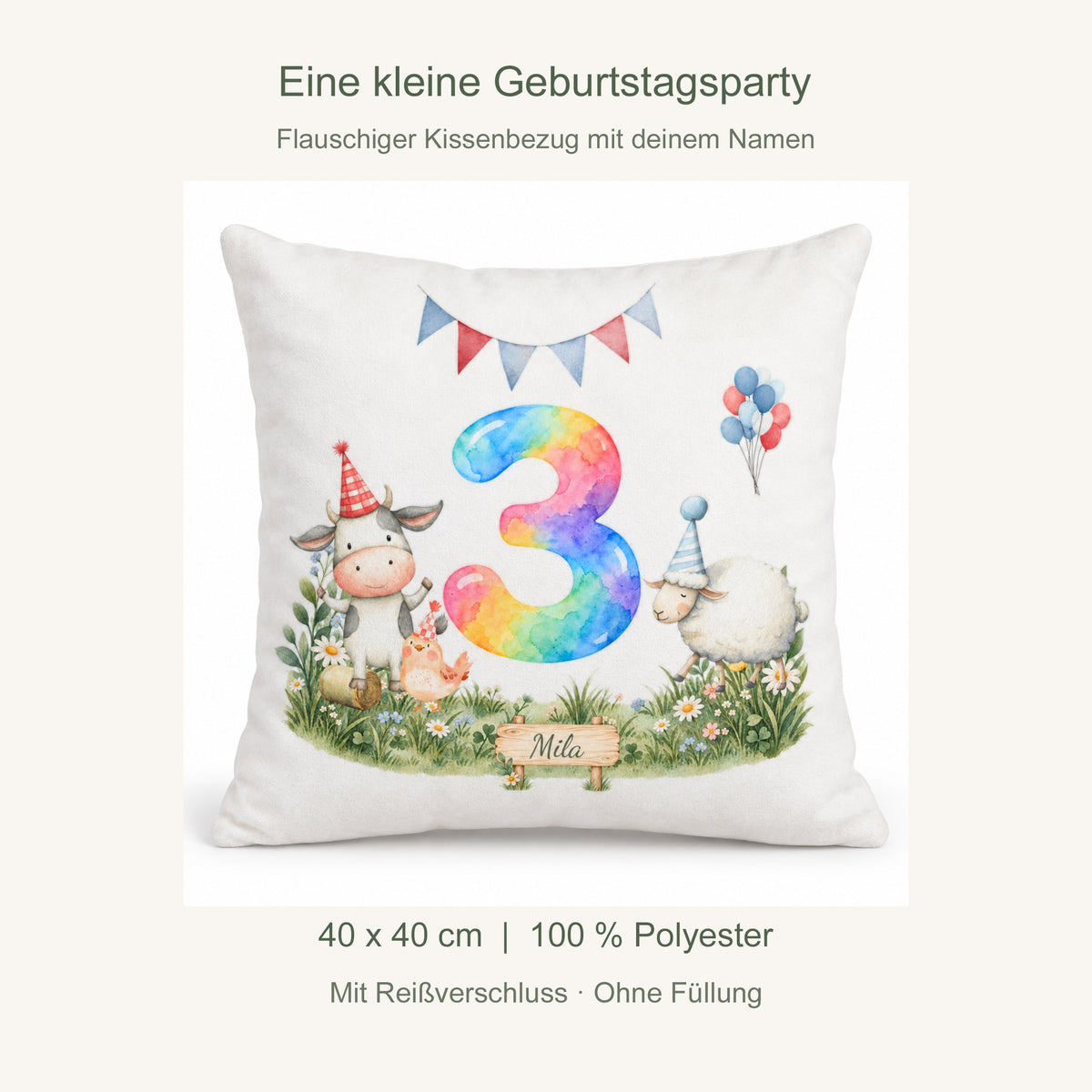 Produktdetails: Kissenbezug 40 x 40 cm, 100 % Polyester, mit Reißverschluss, ohne Füllung; Zahl 3.