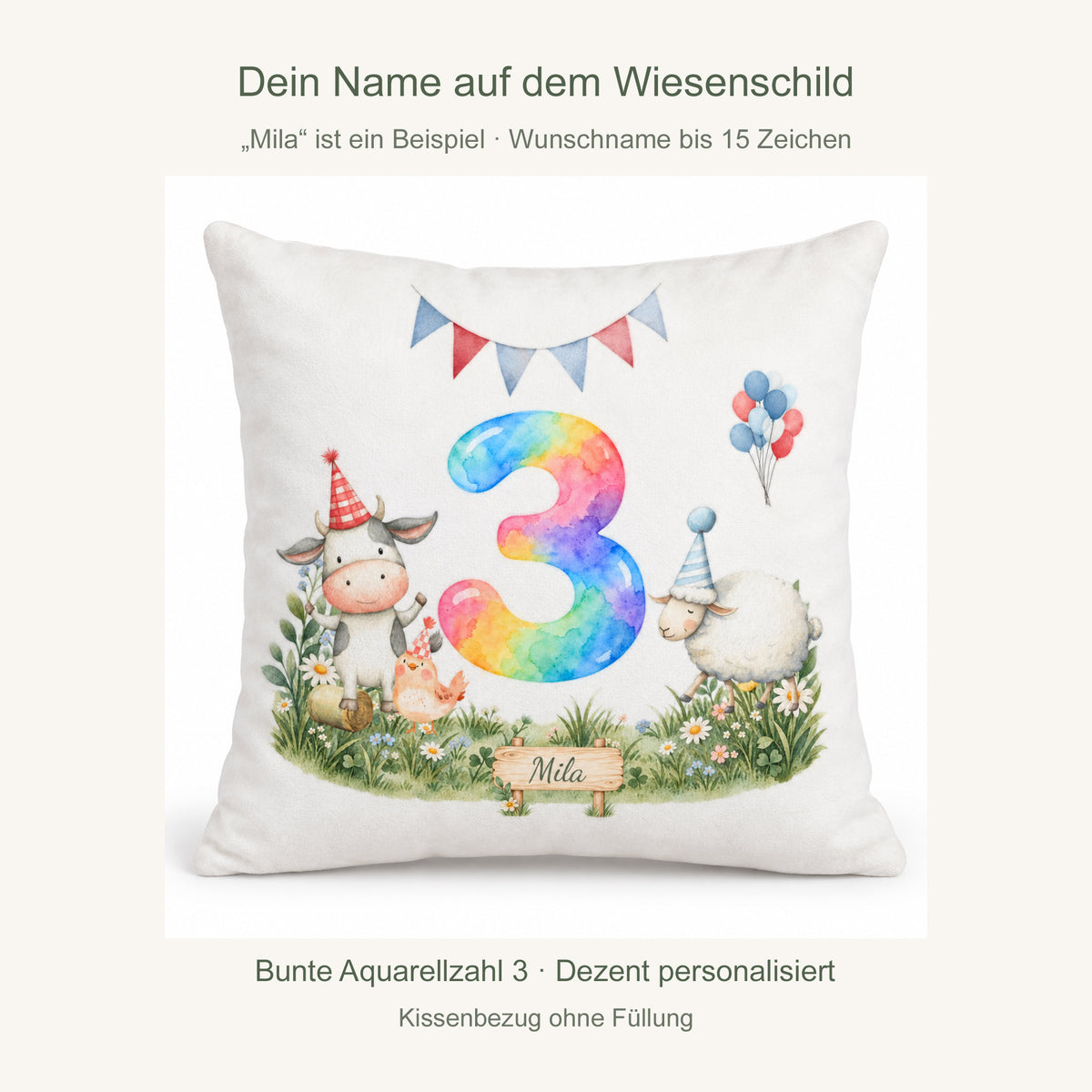 Personalisierung: Beispielname Mila auf dem Wiesenschild; fester Geburtstag 3 und Wunschname bis 15 Zeichen.