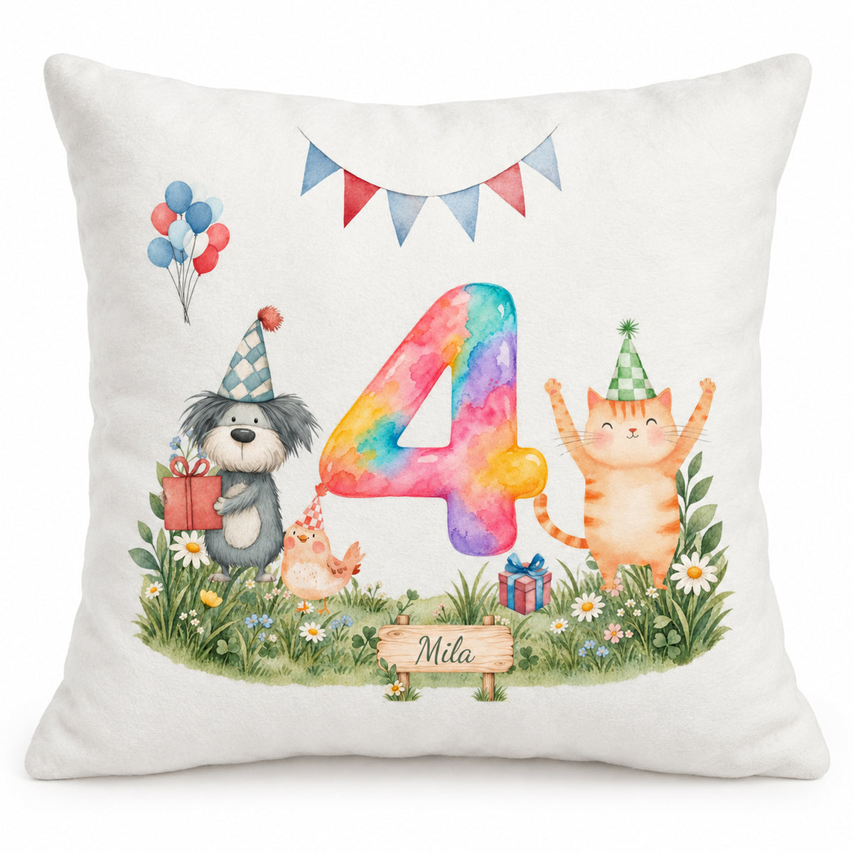 Flauschiger Kissenbezug zum 4. Geburtstag mit bunter Aquarellzahl, hund, katze und huhn und Beispielname Mila.