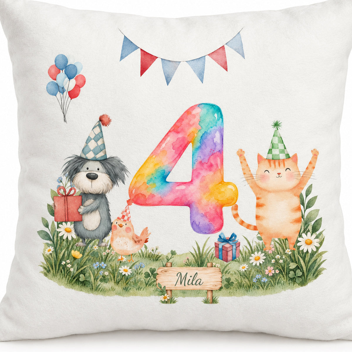 Bedruckte Vorderseite mit Aquarellzahl 4, Tierparty und Mila auf dem Wiesenschild.