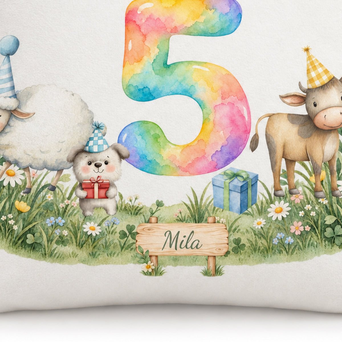 Nahaufnahme von Aquarellzahl 5, Tieren, Blumenwiese und Namensschild Mila.