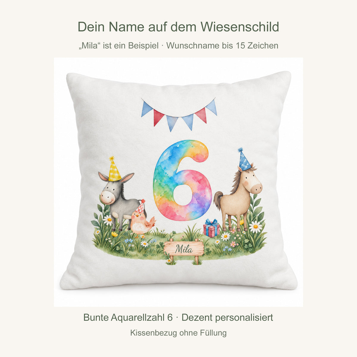 Personalisierung: Beispielname Mila auf dem Wiesenschild; fester Geburtstag 6 und Wunschname bis 15 Zeichen.