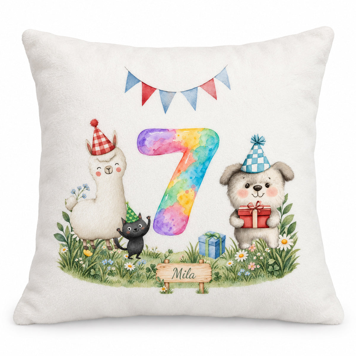 Flauschiger Kissenbezug zum 7. Geburtstag mit bunter Aquarellzahl, lama, hund und katze und Beispielname Mila.