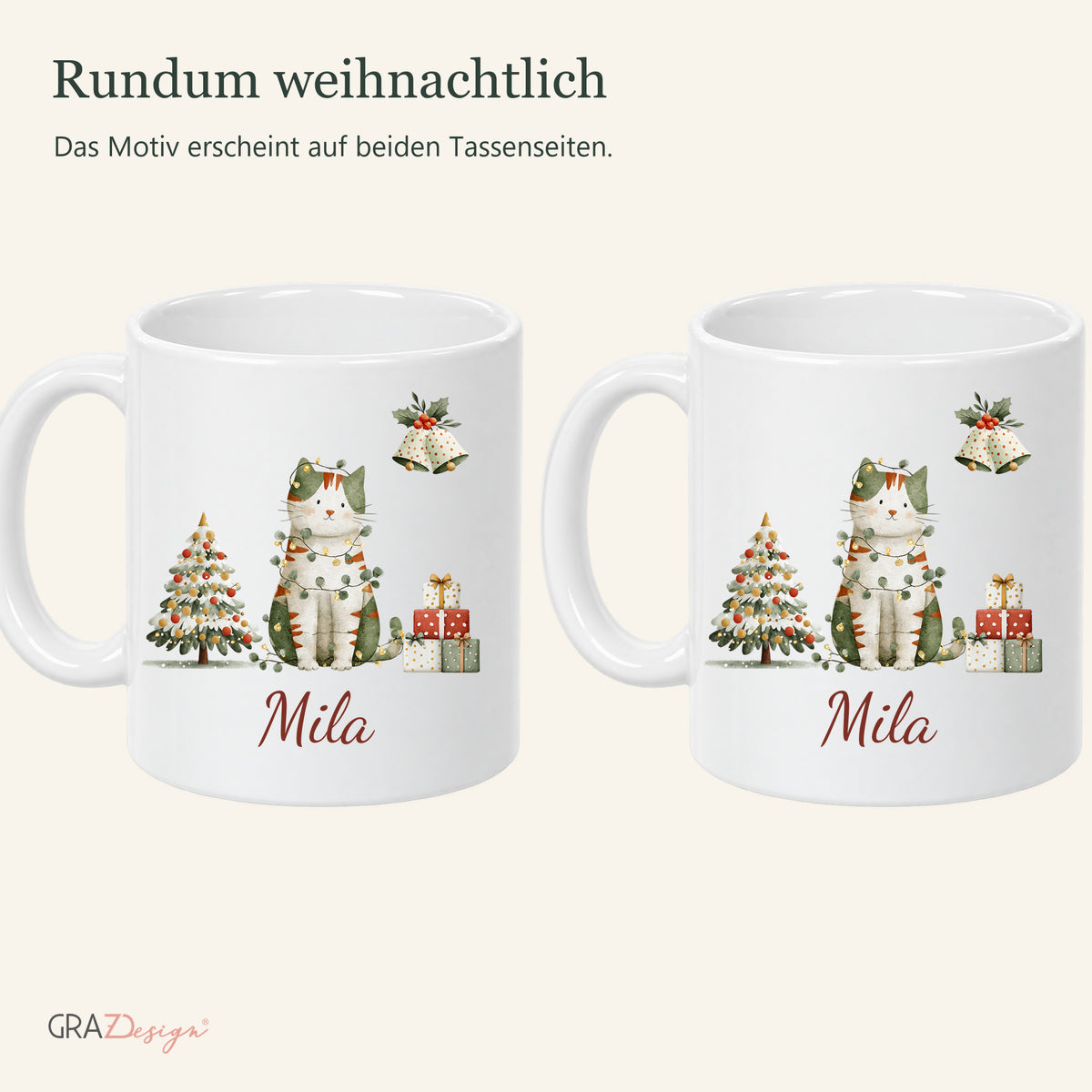 Weihnachtskatze: personalisierte Weihnachtstasse mit Name Mila, Ansicht 6 von 8