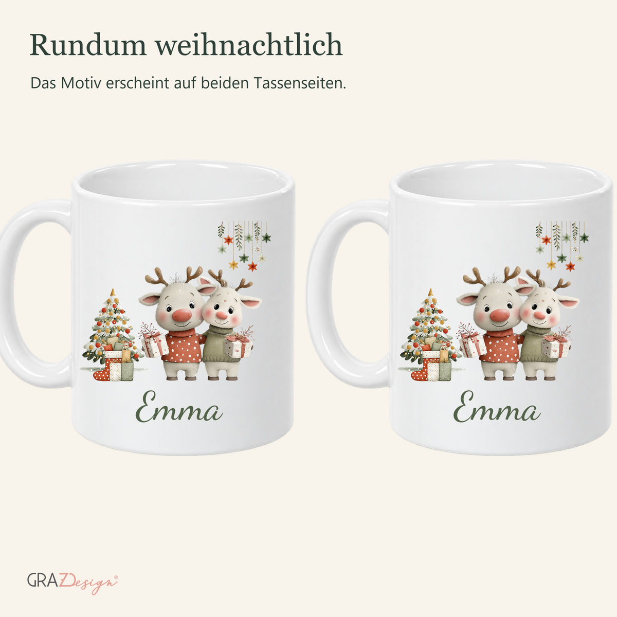 Rentierfreunde: personalisierte Weihnachtstasse mit Name Emma, Ansicht 6 von 8