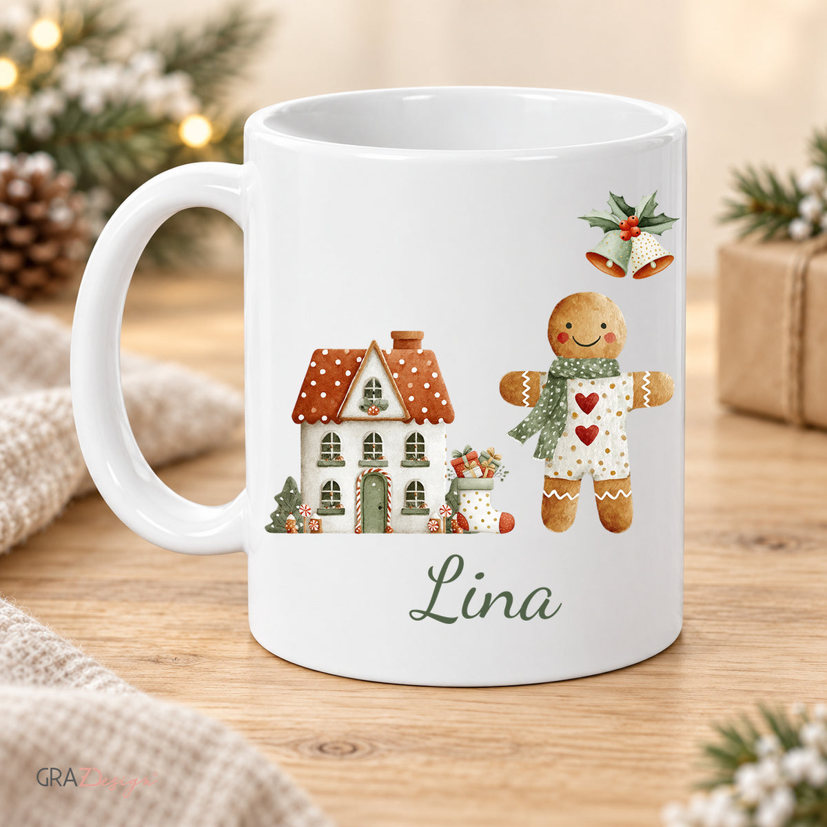 Lebkuchen-Weihnachten: personalisierte Weihnachtstasse mit Name Lina, Ansicht 2 von 8