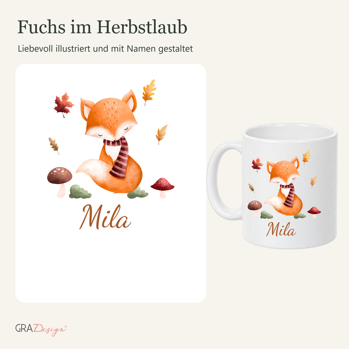 Detail des fuchsmotivs und vollständige weiße Keramiktasse