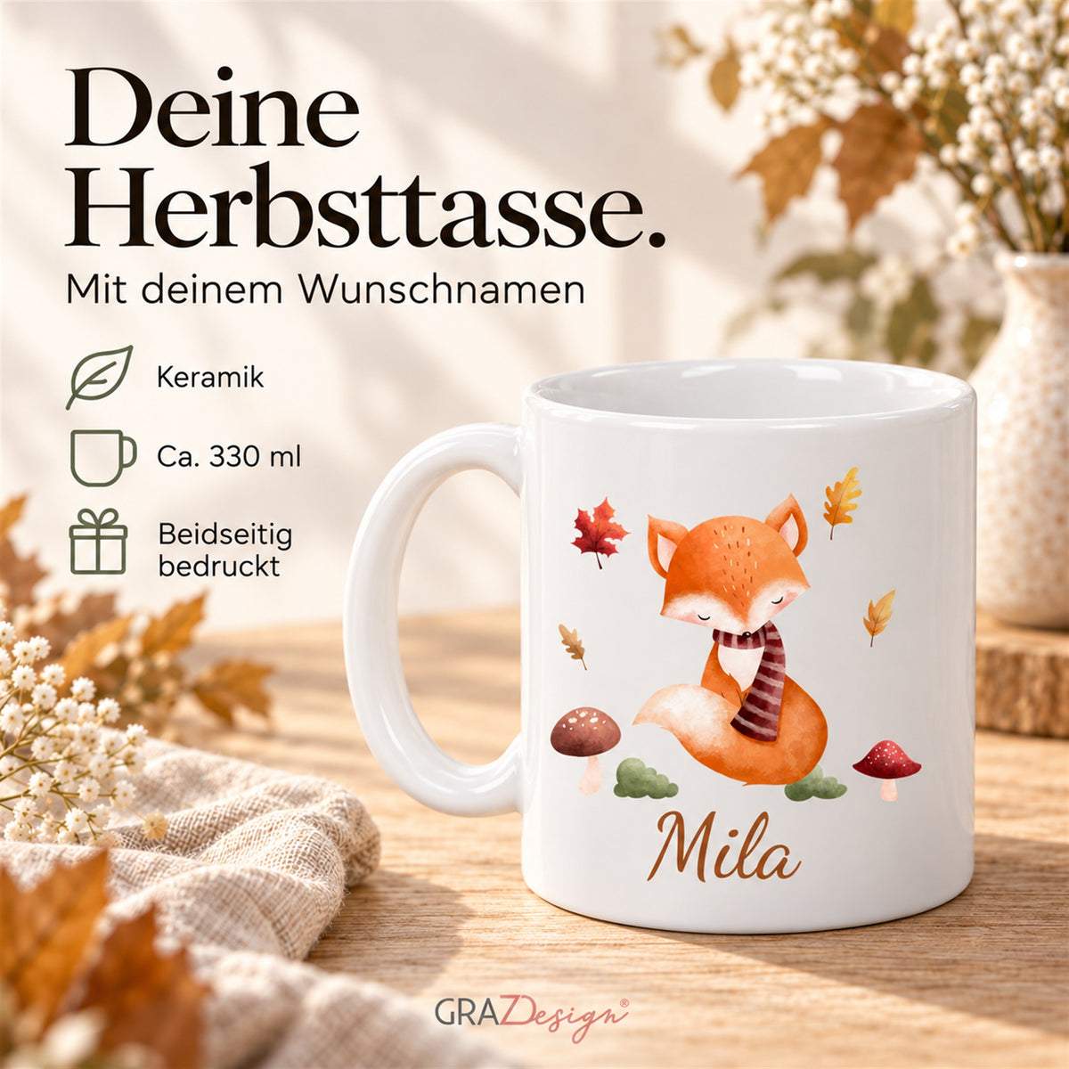 Herbsttasse mit Fuchs, weiße Keramik, 330 ml, beidseitiger Druck
