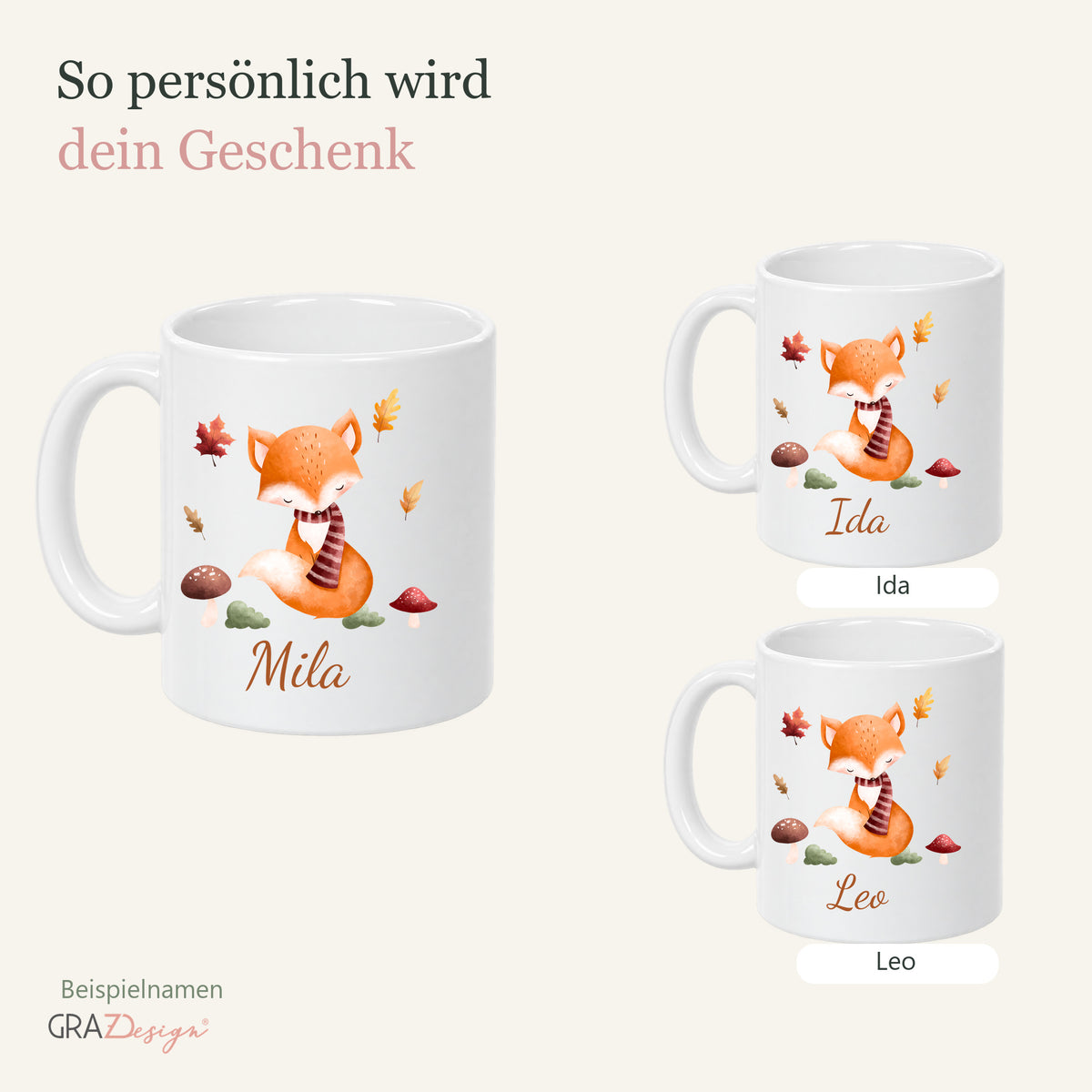 Herbsttasse mit fuchs und drei Beispielnamen Mila, Ida und Leo