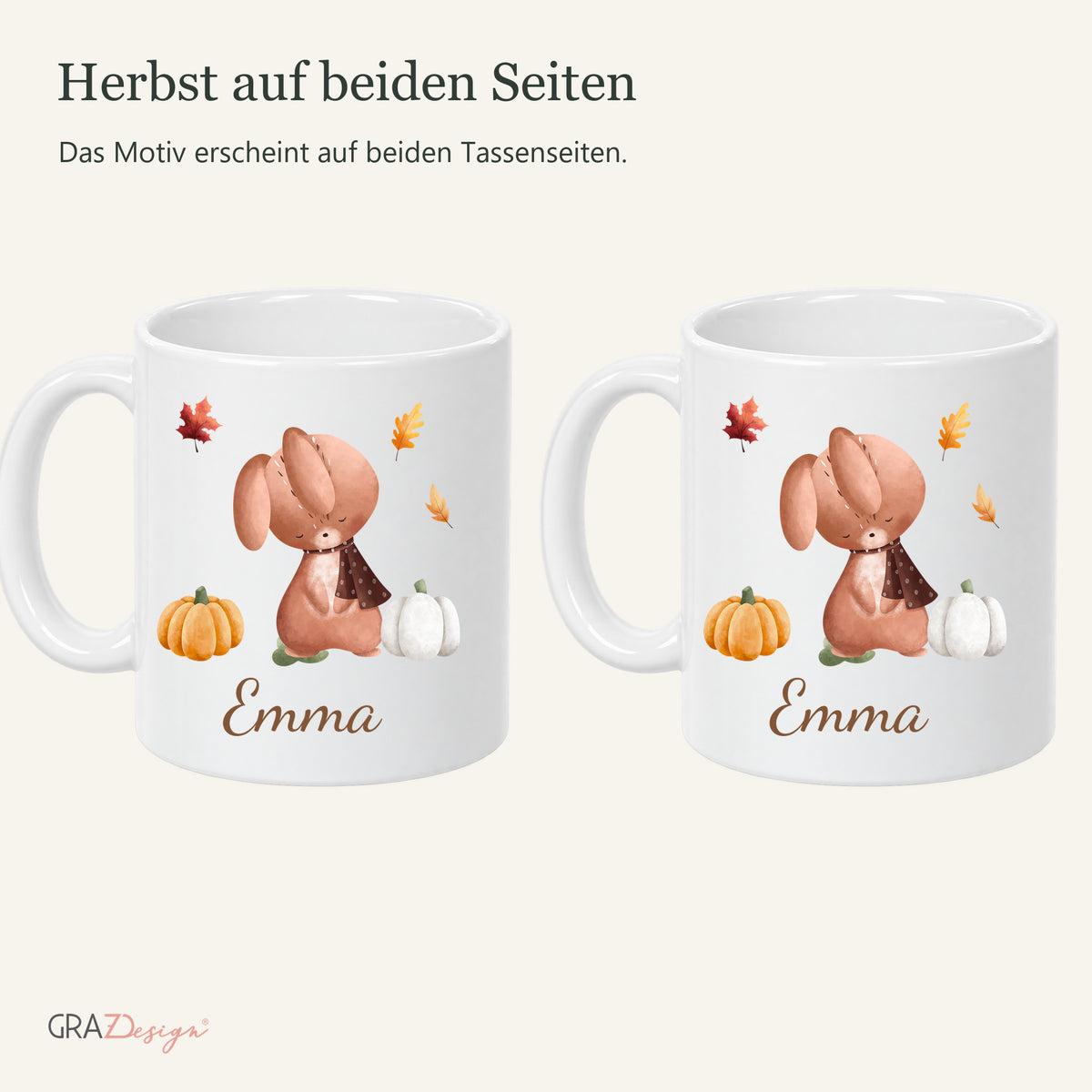 Beide bedruckten Seiten der Herbsttasse mit hase und Name