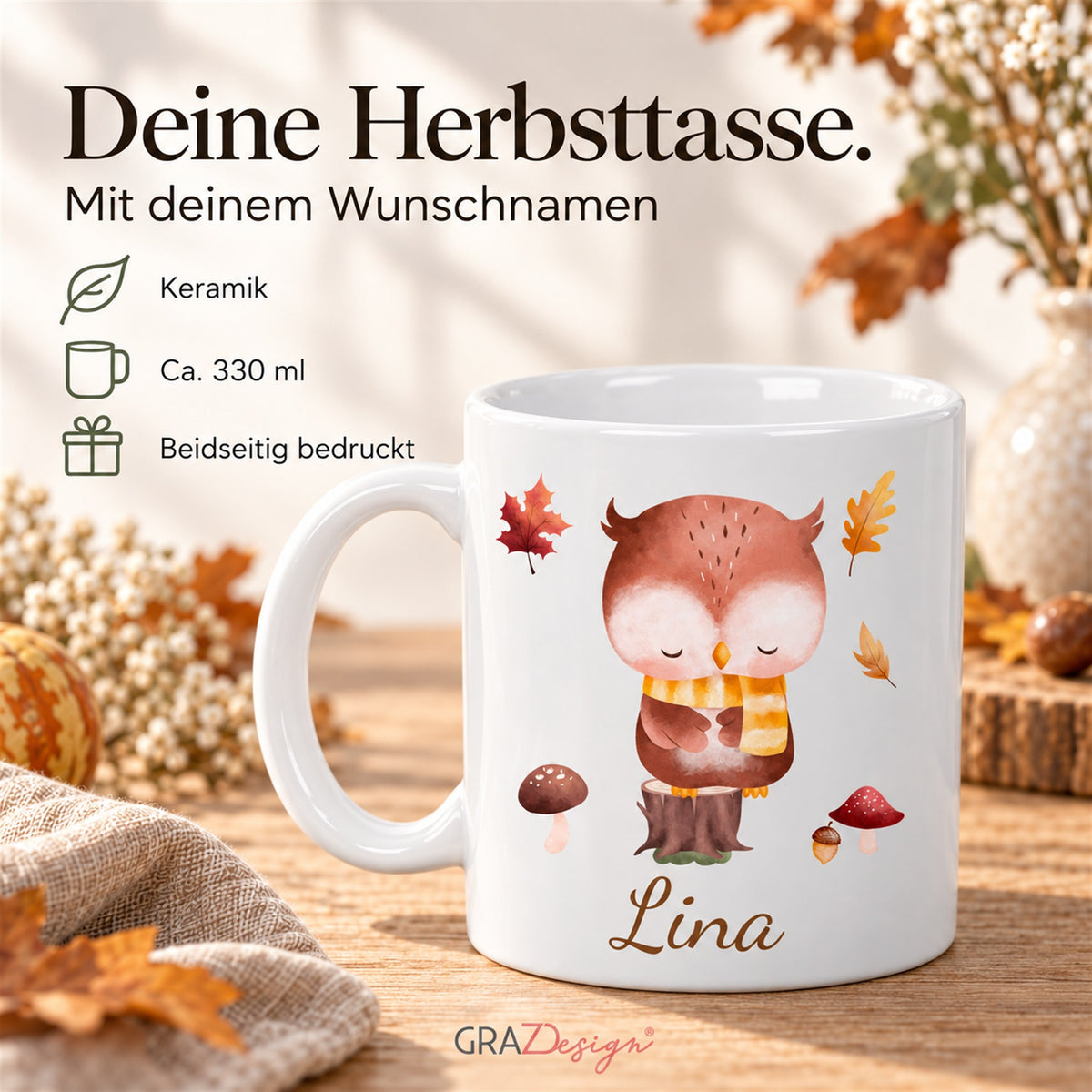 Herbsttasse mit Eule, weiße Keramik, 330 ml, beidseitiger Druck