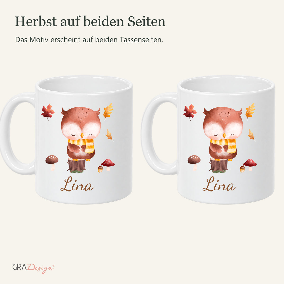 Beide bedruckten Seiten der Herbsttasse mit eule und Name