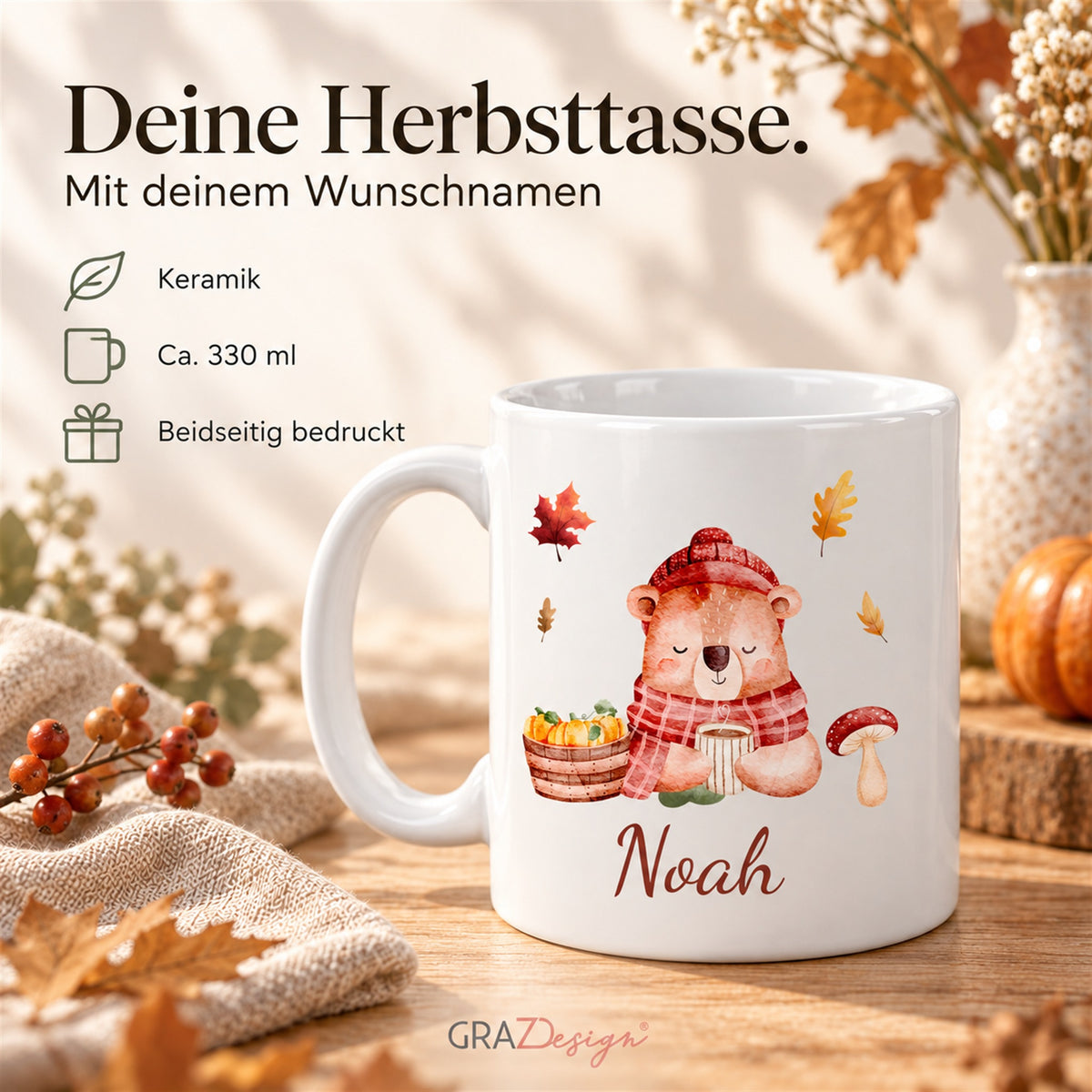 Herbsttasse mit Bär, weiße Keramik, 330 ml, beidseitiger Druck