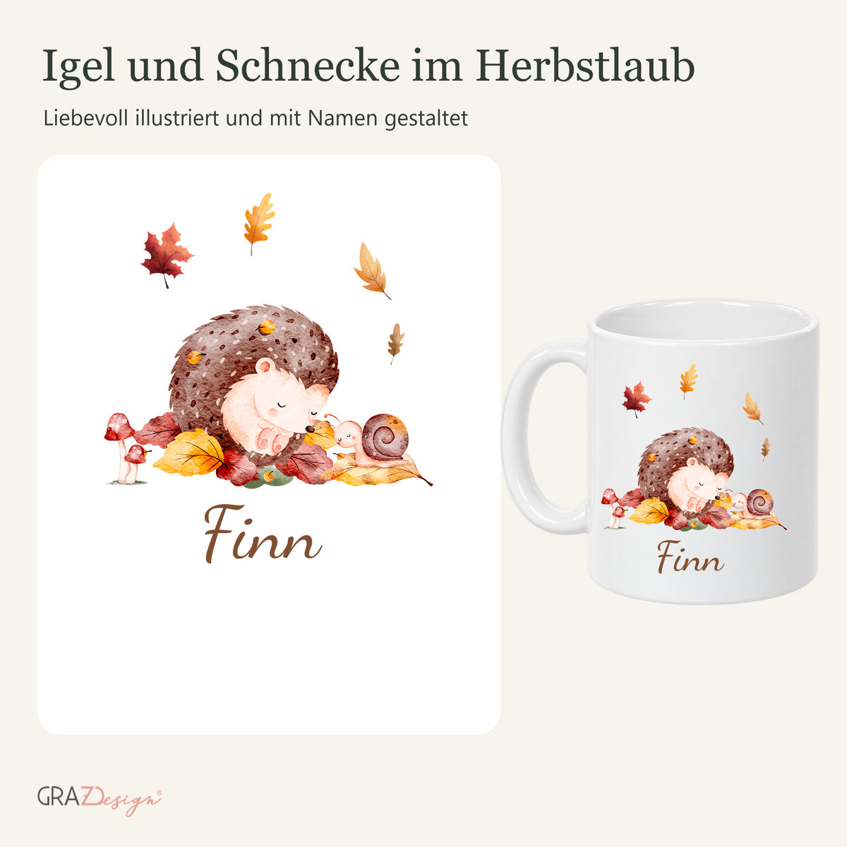 Detail des igelmotivs und vollständige weiße Keramiktasse