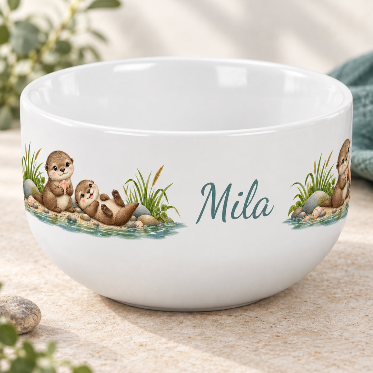 Personalisierte Müslischale mit Ottermotiv Muschelglück und dem Beispielnamen Mila