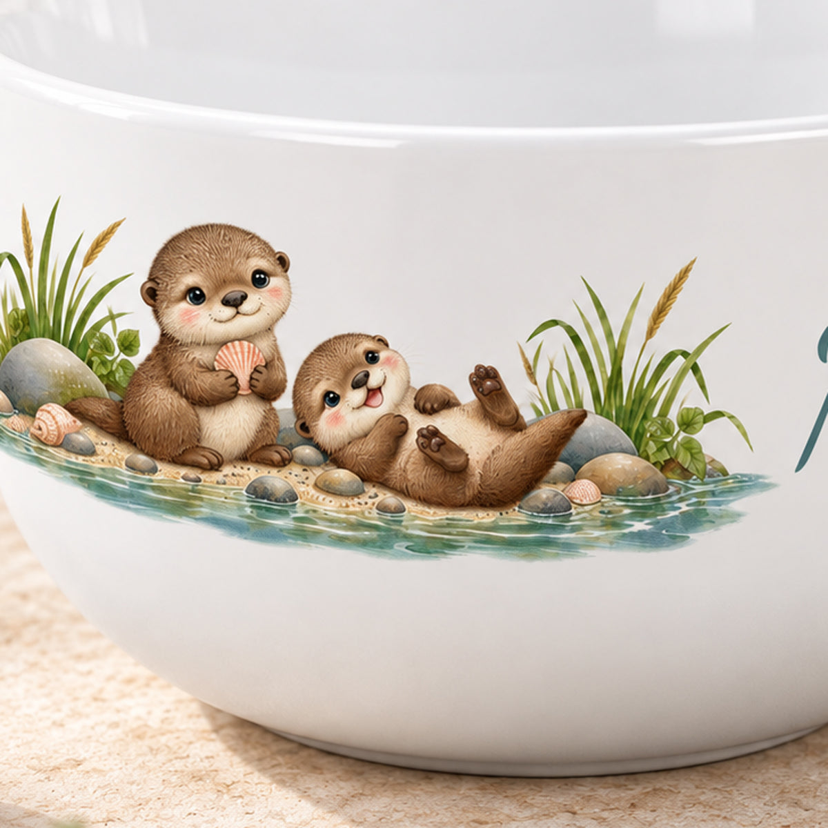 Nahaufnahme der Otterillustration – Müslischale Otter Muschelglück, Beispielname Mila