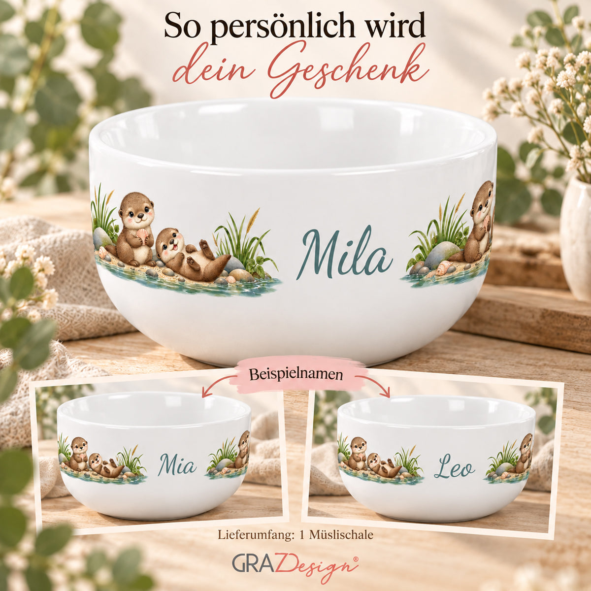 Personalisierung mit Hauptansicht und weiteren Beispielnamen – Müslischale Otter Muschelglück, Beispielname Mila