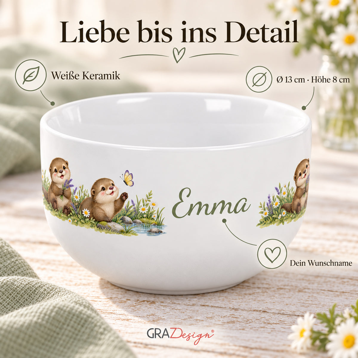 Produktdetails: weiße Keramik, 13 cm Durchmesser und 8 cm Höhe – Müslischale Otter Blumenwiese, Beispielname Emma