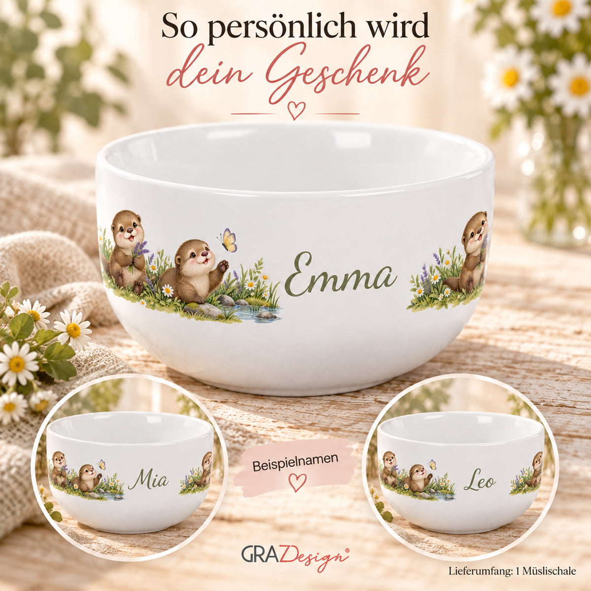 Personalisierung mit Hauptansicht und weiteren Beispielnamen – Müslischale Otter Blumenwiese, Beispielname Emma