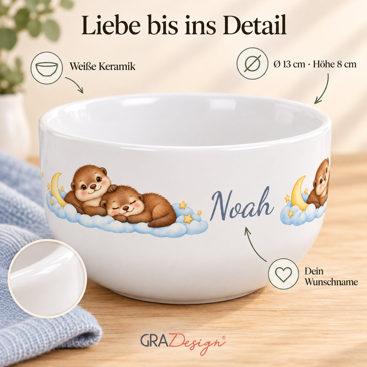 Produktdetails: weiße Keramik, 13 cm Durchmesser und 8 cm Höhe – Müslischale Otter Sternenträume, Beispielname Noah