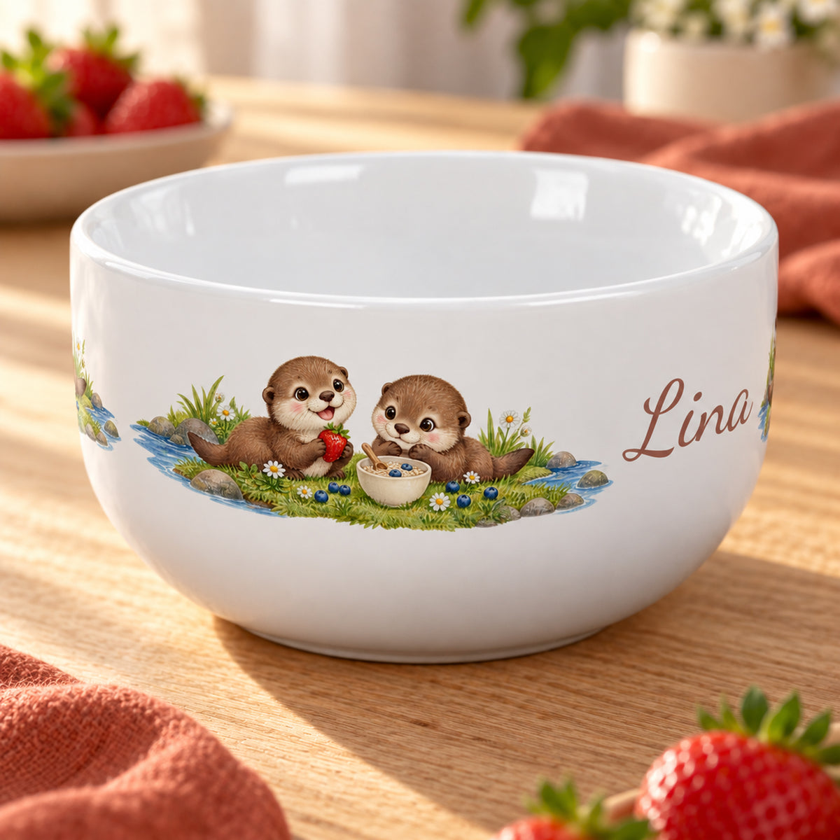 Seitliche Ansicht des bedruckten Motivs – Müslischale Otter Kleines Frühstück, Beispielname Lina