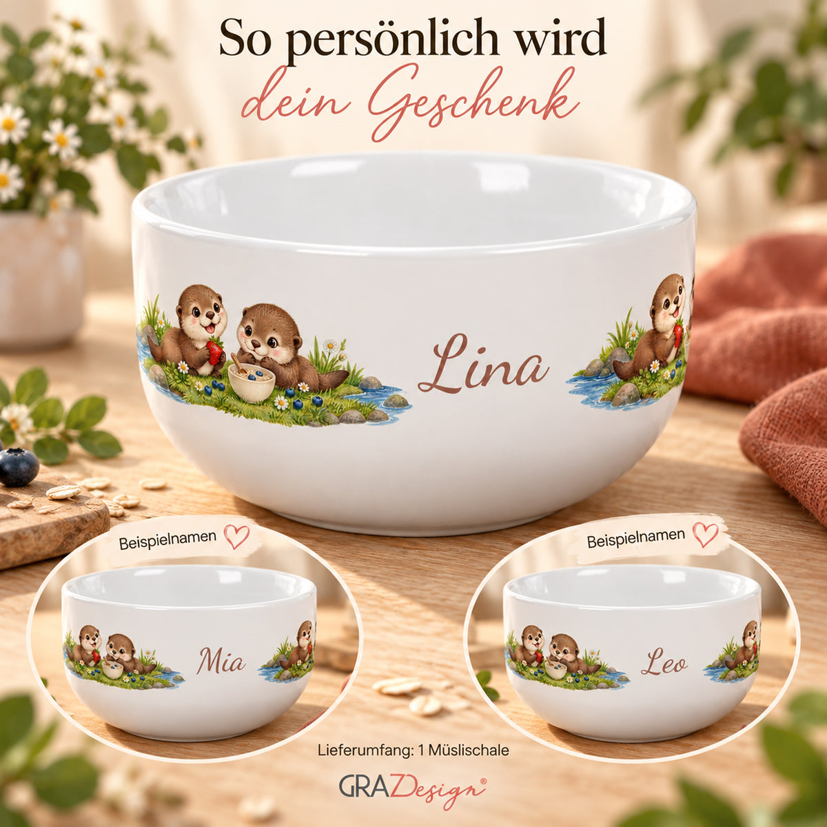 Personalisierung mit Hauptansicht und weiteren Beispielnamen – Müslischale Otter Kleines Frühstück, Beispielname Lina