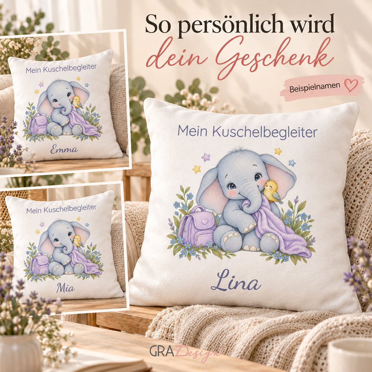 Personalisierter Elefant-Kissenbezug mit Mein Kuschelbegleiter – Ansicht 5
