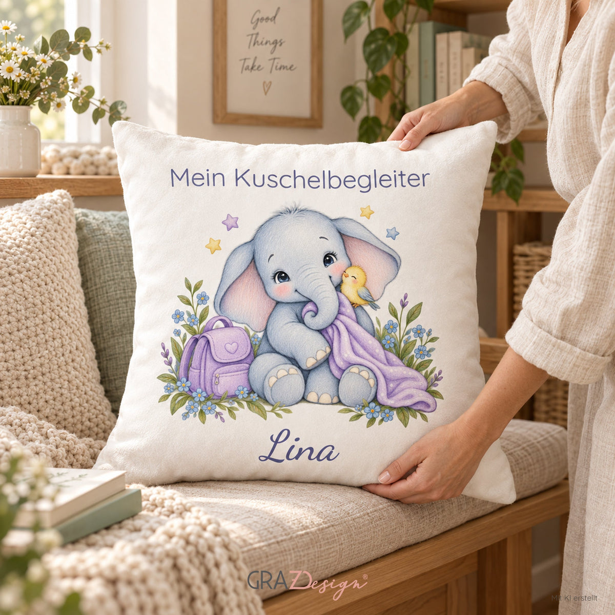 Personalisierter Elefant-Kissenbezug mit Mein Kuschelbegleiter – Ansicht 7