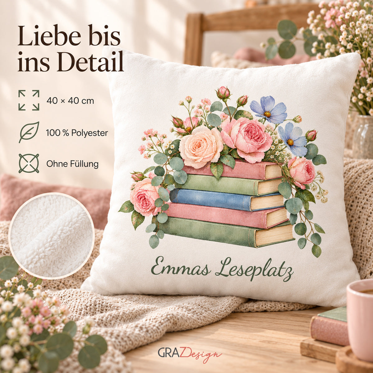 Kissenbezug 40 × 40 cm mit Wunschname – Romantisches Aquarell, Ansicht 4
