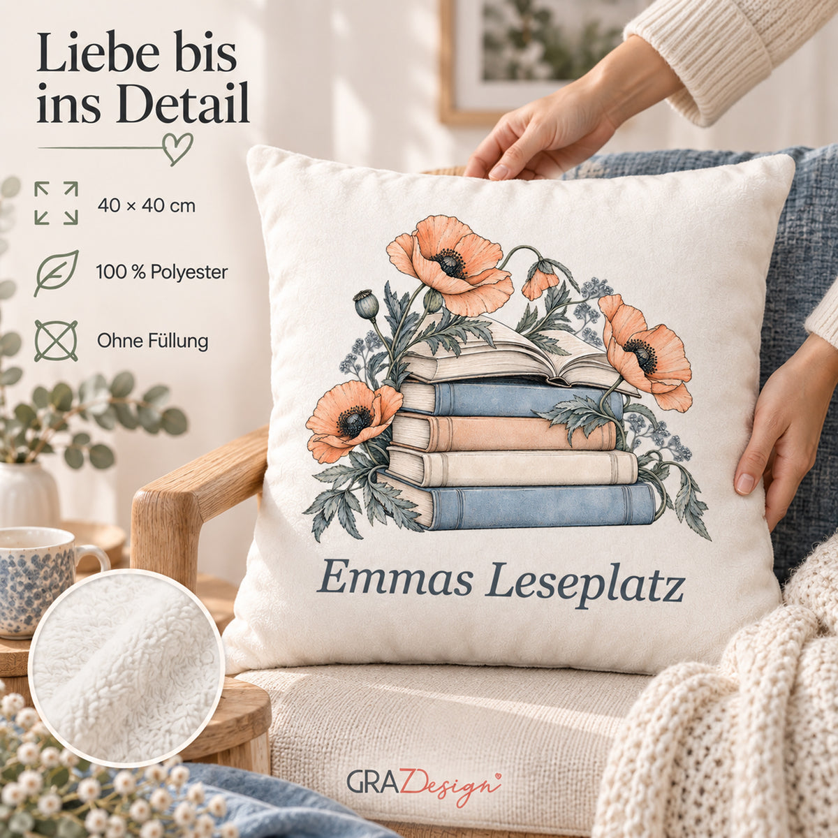 Kissenbezug 40 × 40 cm mit Wunschname – Feine Linienkunst, Ansicht 4